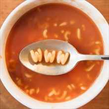 Close up of soup with letter noodles on spoon forming www site. Photo : Jamie Grill