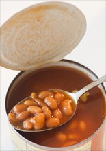 Close up of canned baked beans on spoon. Photo: Jamie Grill