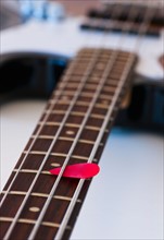 Close-up of bass guitar with guitar pick. Photo : Daniel Grill
