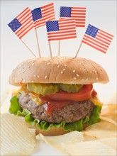 Close up of hamburgerWith americanFlags. Photo : Jamie Grill