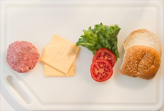 Close up of hamburger ingredients in row on tray. Photo : Jamie Grill