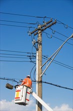 Electrician working on electricity pole. Photo : fotog