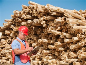 Engineer in front of stack of timber.