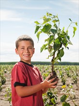 Boy (8-9) plating trees in tree farm.