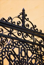 USA, South Carolina, Charleston, Close up of ornate detail of iron gate.