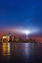 USA, New York City, Manhattan, 911 light memorial on Ground Zero.