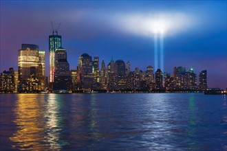 USA, New York City, Manhattan, 911 light memorial on Ground Zero.