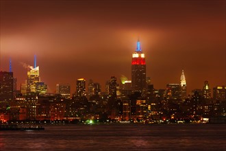 USA, New York City, Manhattan skyline at night.