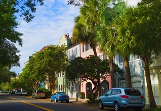 USA, South Carolina, Charleston, Rainbow Row, Bay Street, Houses in residential district.