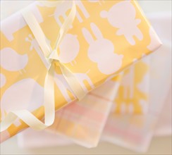 Gift boxes wrapped in pastel colored paper. Photo: Daniel Grill