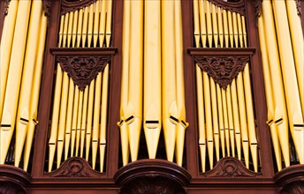 USA, South Carolina, Charleston, Close up of church pipe organs.