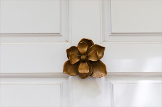 USA, South Carolina, Charleston, Close up of door knocker in shape of flower.