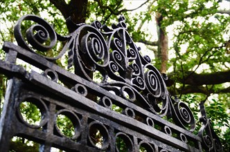 USA, South Carolina, Charleston, Close up of ornate iron gate.