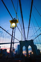 USA, New York State, New York City, Brooklyn Bridge at dusk.
