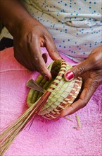 USA, South Carolina, Charleston, Close up of woman's hand weaving sweetgrass basket.