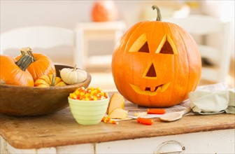Halloween pumpkin on table.