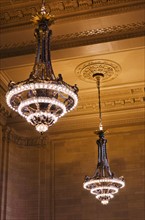 USA, New York State, New York City, Chandelier in Grand Central Station.
