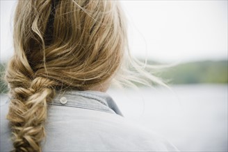 Roaring Brook Lake, Close up of woman's blond and braided hair. Photo: Jamie Grill