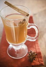 Close up of apple cider with cinnamon in glass. Photo : Jamie Grill