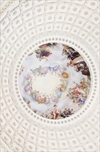 USA, Washington DC, Capitol Building, Close up of fresco and coffers on ceiling. Photo: Jamie Grill