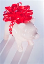 Piggy bank with big red ribbon. Photo : Daniel Grill