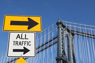 USA, New York State, New York City, Road Signs on Brooklyn Bridge. Photo: fotog