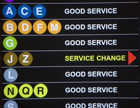 USA, New York City, Underground service information board. Photo: fotog