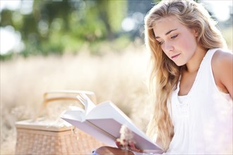 Teenage girl (16-17) reading book outdoors. Photo: Take A Pix Media