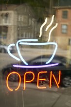 USA, New York State, Neon sign in cafe window. Photo: John Kelly
