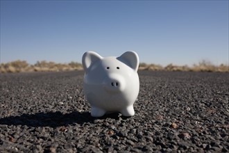 Piggy bank on asphalt road. Photo : Winslow Productions