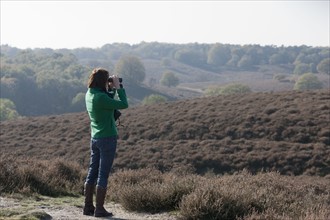The Netherlands, Veluwezoom, Posbank, Woman in countryside looking through binoculars. Photo : Jan