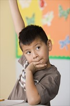 Boy (6-7) in a classroom with hand raised. Photo: Rob Lewine