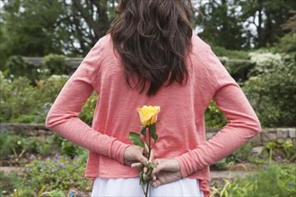 Rear view of woman holding yellow rose behind back in garden. Photo: Tetra Images