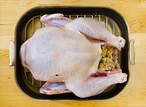 Raw turkey on roasting pan.