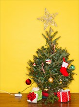 Small Christmas tree against yellow wall, studio shot.