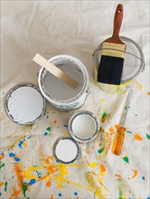 Paint cans and paintbrushes on drop cloth.