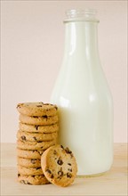 Bottle of milk and chocolate chip cookies, studio shot.