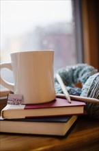 Mug with tea on books. Photo : Jamie Grill