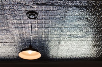 Pendant lamp on tiled ceiling. Photo : Jamie Grill