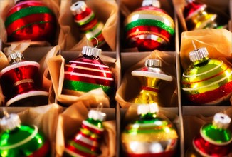 Christmas baubles in box. Photo : Daniel Grill