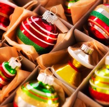 Christmas baubles in box. Photo : Daniel Grill