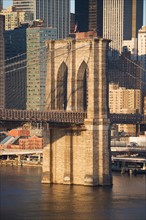 USA, New York state, New York city, part of Brooklyn Bridge with skyscrapers. Photo : fotog