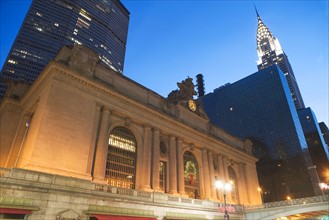 USA, New York State, New York City, low angle view of Grand Central Station and Chrysler Building