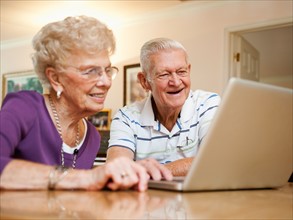 Senior couple using laptop.