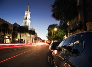 USA, South Carolina, Charleston, Light trails in street. Photo : Henryk Sadura