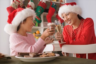 Mother and daughter wearing santa hats toasting with drinks. Photo : Rob Lewine