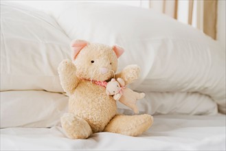 Teddy bear sitting on bed. Photo : Rob Lewine