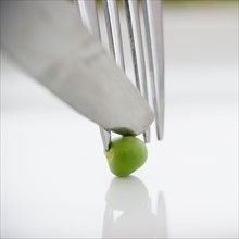 Close up of knife, fork and green pea, studio shot. Photo : Jamie Grill