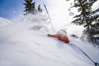 USA, Montana, Whitefish. Man collapsing on powder snow while skiing. Photo : Noah Clayton
