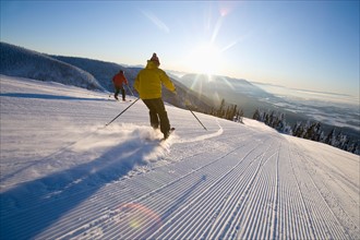 USA, Montana, Whitefish. Two man on ski slope. Photo : Noah Clayton
